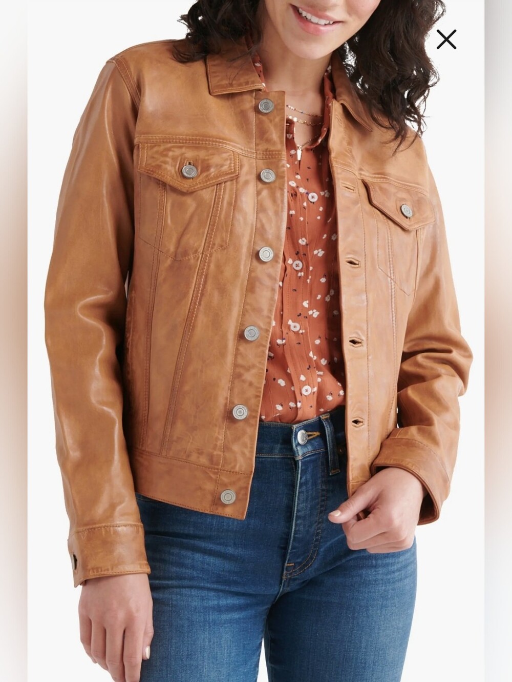 NWOT Lucky Brand Leather Trucker Jacket In Color: Cognac Size L